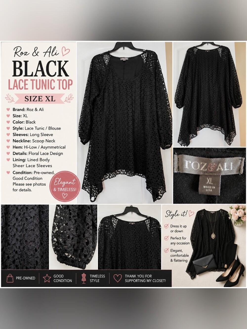 🖤Roz & Ali Black Lace Tunic Top